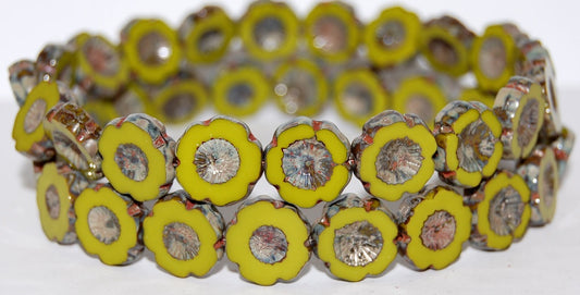 Table Cut Round Beads Hawaii Flowers, Opaque Green 43400 (53410 43400), Glass, Czech Republic