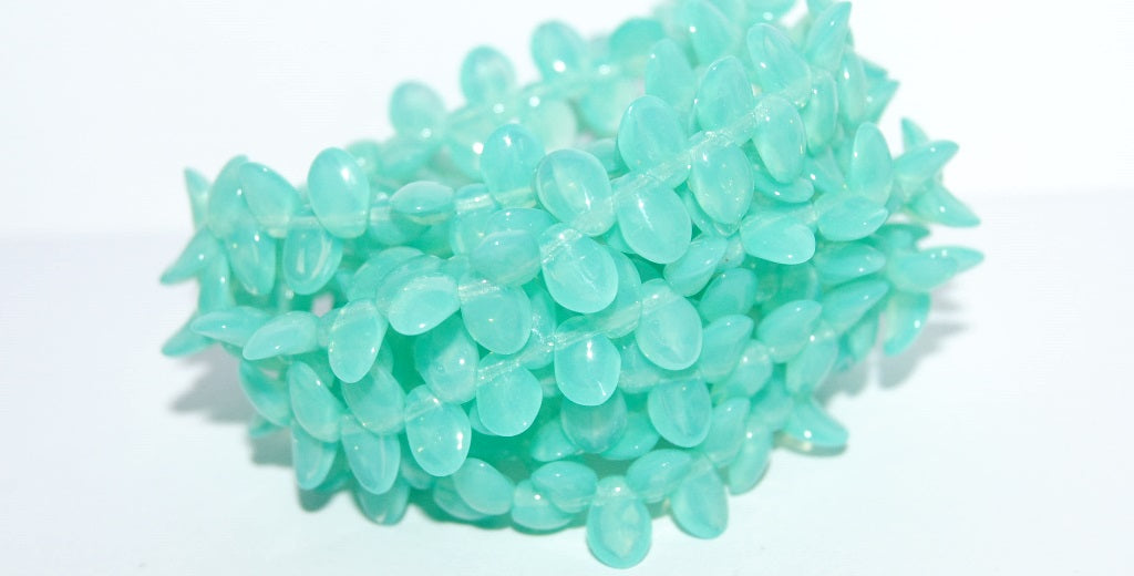 Leaf Tongue Pressed Glass Beads, Opal Aqua Uranium (61100 Uranium), Glass, Czech Republic