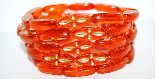 Boat Oval Pressed Glass Beads With Decor, Transparent Orange 54202 (90020 54202), Glass, Czech Republic