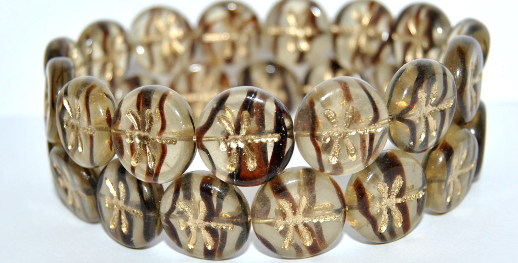 Round Flat Wit Dragonfly Pressed Glass Beads, (18016B 54202), Glass, Czech Republic