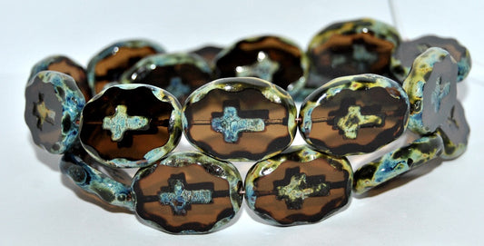 Table Cut Oval Beads With Cross, Transparent Brown Travertin (10230 86800), Glass, Czech Republic