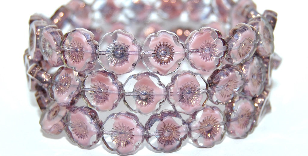 Table Cut Round Beads Hawaii Flowers, Opaque Pink Bronze (76028 14415), Glass, Czech Republic