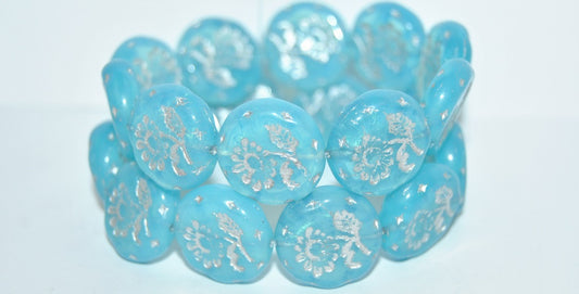 Round Flat With Flower Marguerite Pressed Glass Beads, Opal Aqua 54201 (61000 54201), Glass, Czech Republic