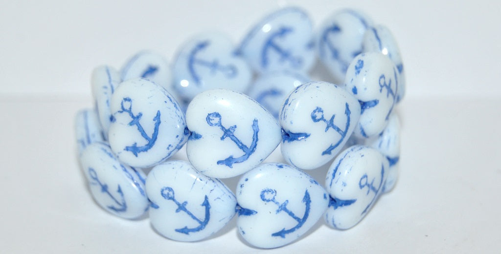 Heart With Anchor Pressed Glass Beads, White 46430 (2010 46430), Glass, Czech Republic