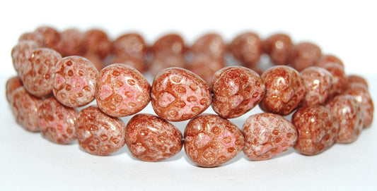 Strawberry Pressed Glass Beads, Chalk White Luster Ruby (3000 14497), Glass, Czech Republic