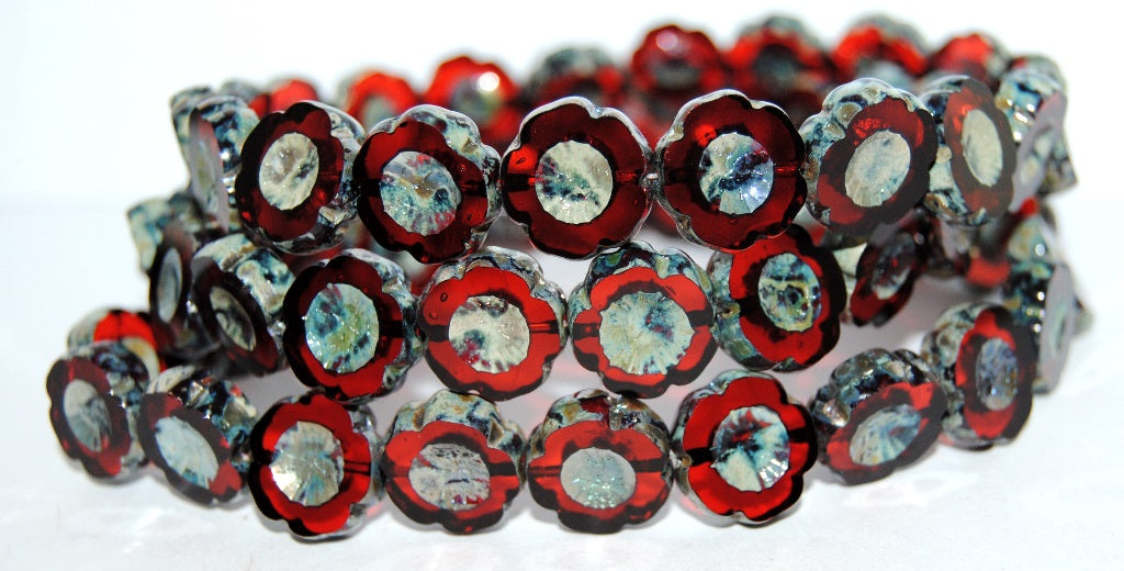 Table Cut Round Beads Hawaii Flowers, Light Siam 43400 (90070 43400), Glass, Czech Republic