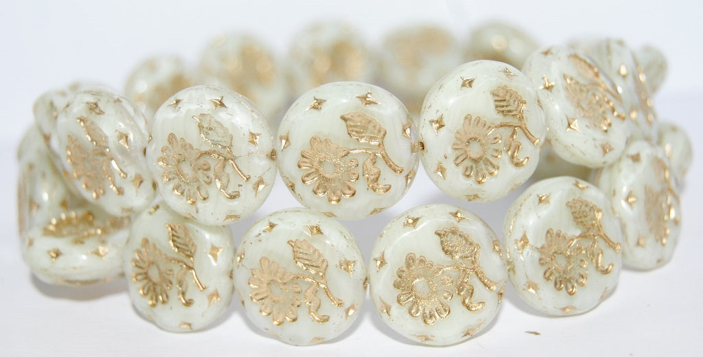 Round Flat With Flower Marguerite Pressed Glass Beads, (86007 54202), Glass, Czech Republic