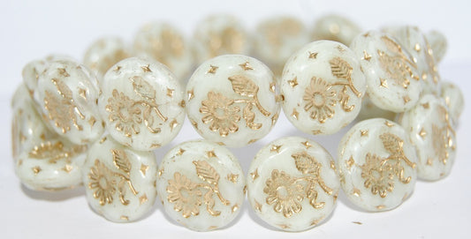 Round Flat With Flower Marguerite Pressed Glass Beads, (86007 54202), Glass, Czech Republic