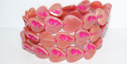 Heart Pressed Glass Beads With Flower, Opaque Pink 46470 (74020 46470), Glass, Czech Republic