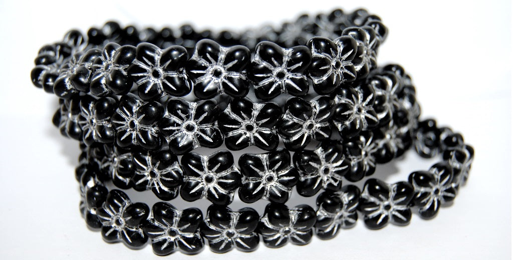 Flower Pressed Glass Beads, Black 54201M (23980 54201M), Glass, Czech Republic