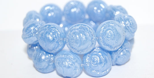 Round With Rose Flower Pressed Glass Beads, Opal Blue Hematite (31010 14400), Glass, Czech Republic