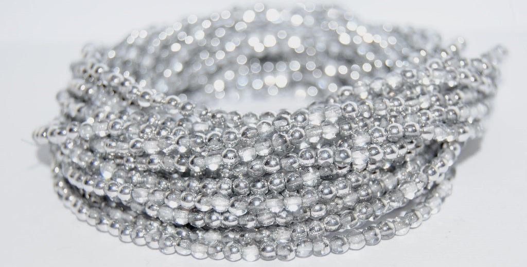 Round Pressed Glass Beads Druck, Crystal Crystal Silver Half Coating (30 27001), Glass, Czech Republic