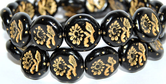 Round Flat With Flower Marguerite Pressed Glass Beads, Black 43804 Metalic (23980 43804 Metalic), Glass, Czech Republic