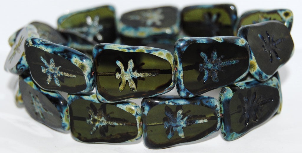 Table Cut Rectangle Beads With Dragonfly, Transparent Green 66800 (50220 66800), Glass, Czech Republic