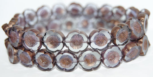Table Cut Round Beads Hawaii Flowers, Transparent Dark Blue Bronze (30320 14415), Glass, Czech Republic