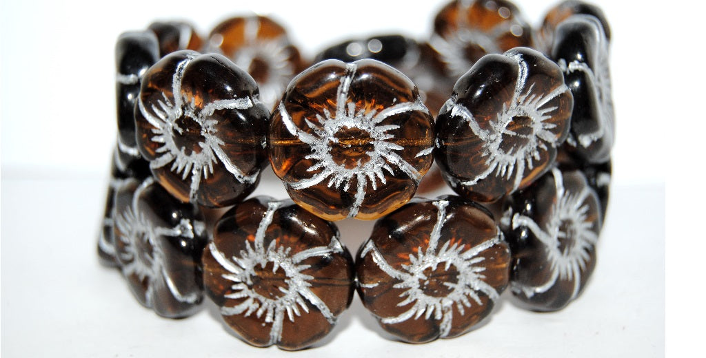 6-Petal Flower Pressed Glass Beads, Transparent Brown 54201 (10210 54201), Glass, Czech Republic