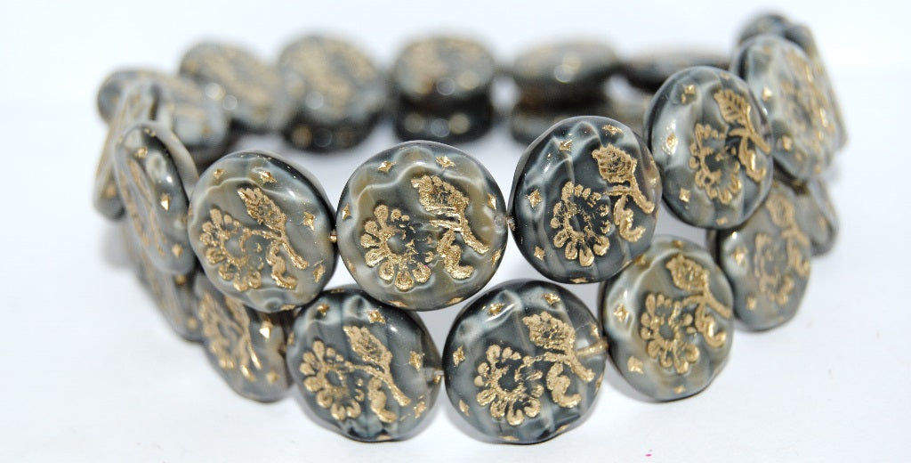 Round Flat With Flower Marguerite Pressed Glass Beads, (26107 54202), Glass, Czech Republic