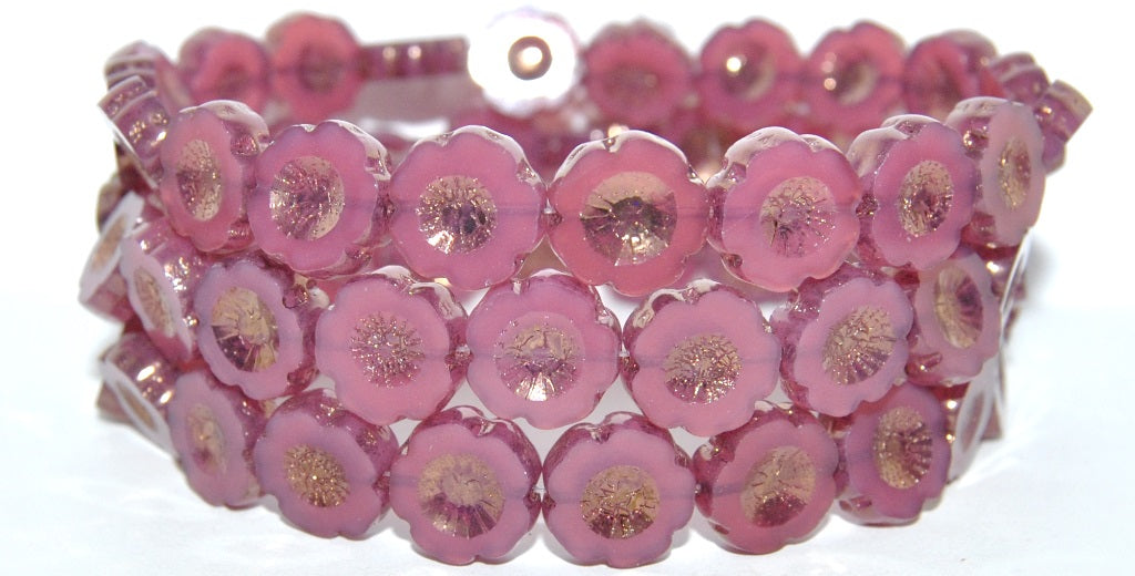 Table Cut Round Beads Hawaii Flowers, Opal Pink Bronze (71010 14415), Glass, Czech Republic