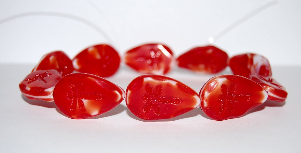 Leaf With Drahonfly Pressed Glass Beads, Coral (7913), Glass, Czech Republic