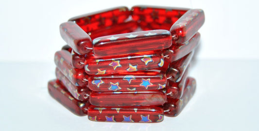 Czech Glass Pressed Beads Rectangle, Ruby Red Rainbow (90080 Rainbow), Glass, Czech Republic