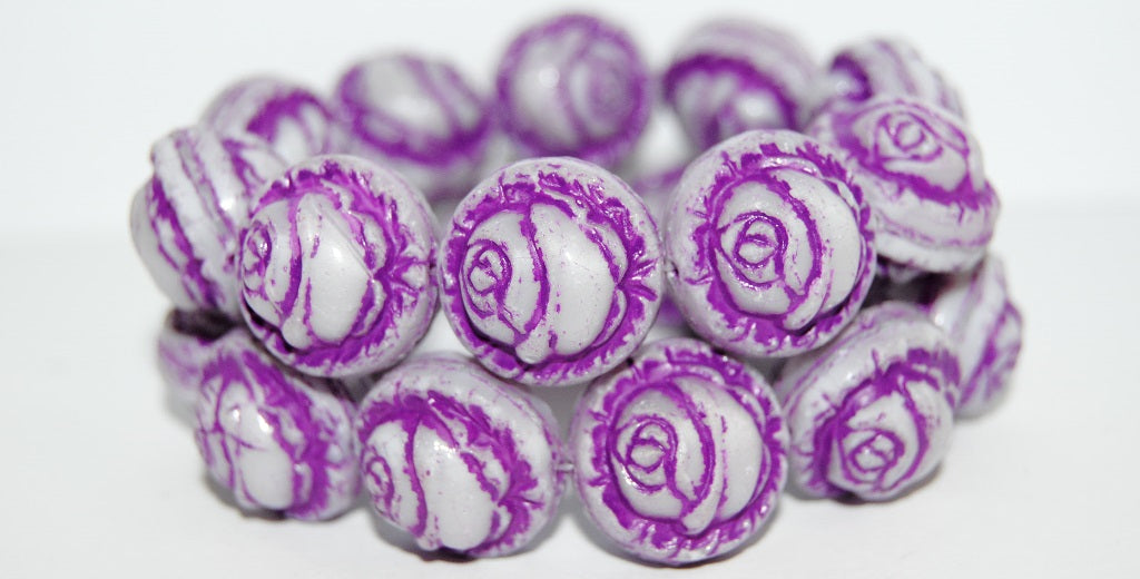 Round With Rose Flower Pressed Glass Beads, (24010 46420 Antiq), Glass, Czech Republic