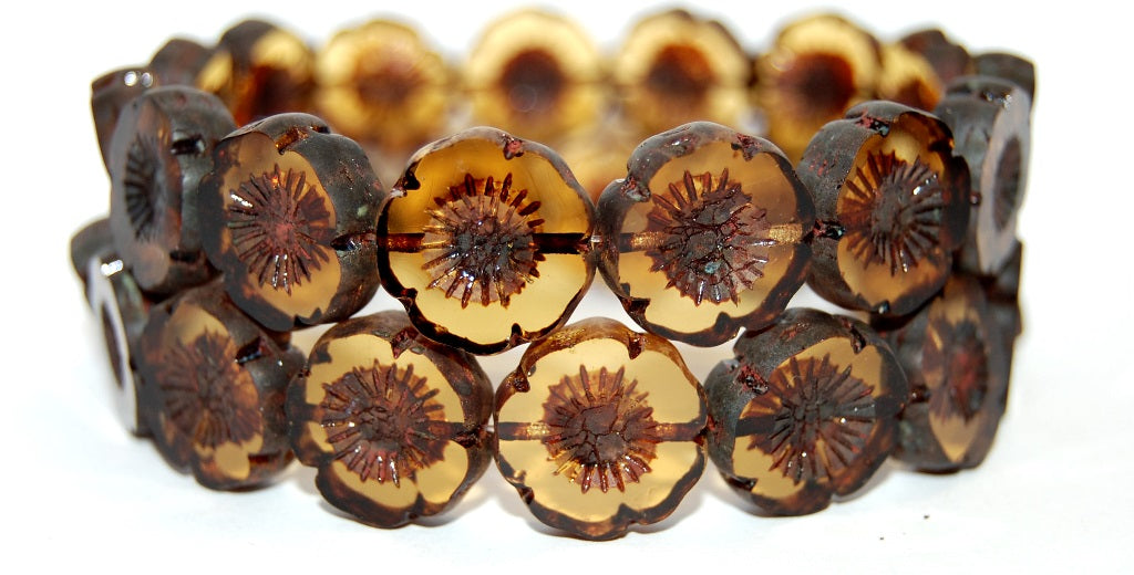 Table Cut Round Beads Hawaii Flowers, Transparent Brown Travertin (10210 86800), Glass, Czech Republic