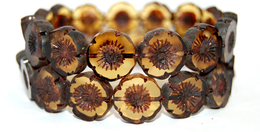 Table Cut Round Beads Hawaii Flowers, Transparent Brown Travertin (10210 86800), Glass, Czech Republic