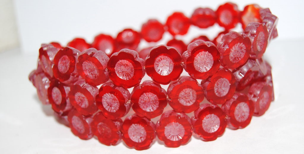 Table Cut Round Beads Hawaii Flowers, Light Siam Luster Cream (90070 14401), Glass, Czech Republic