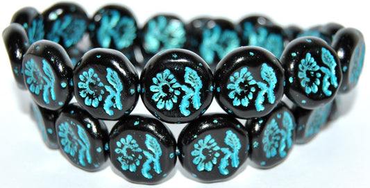 Round Flat With Flower Marguerite Pressed Glass Beads, Black 43811 Metalic (23980 43811 Metalic), Glass, Czech Republic