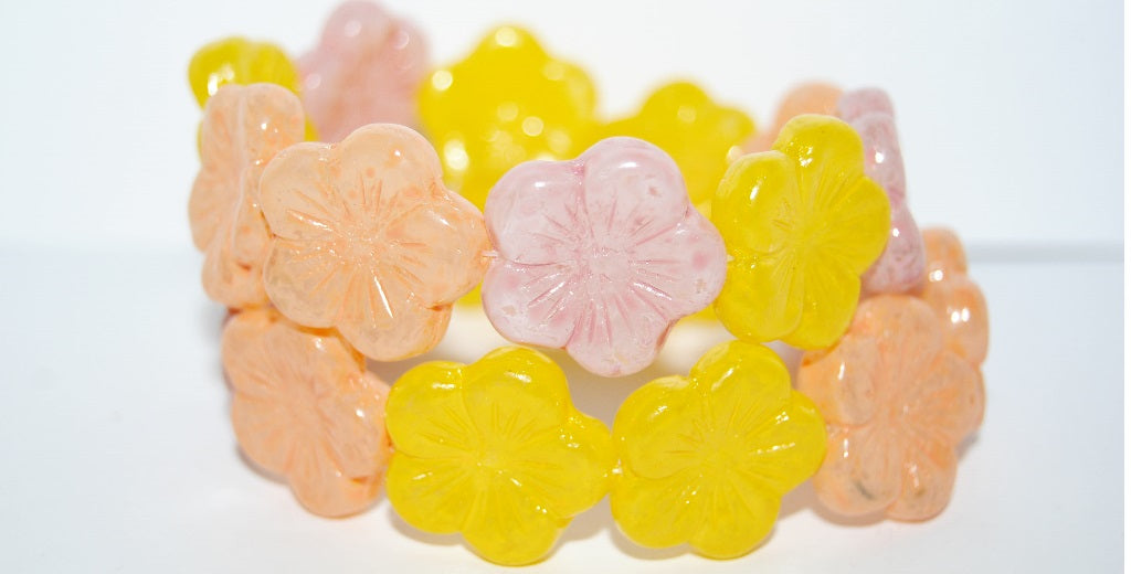 Round Flower Hibiskus Pressed Glass Beads, Lava Glass Mixed Colors Silver Lined Crystal (Lava Glass Mix 1), Glass, Czech Republic