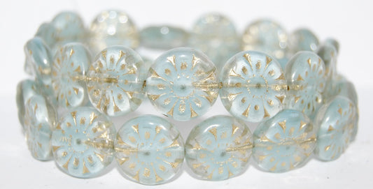 Flat Round With Flower Pressed Glass Beads, (66018 54202), Glass, Czech Republic