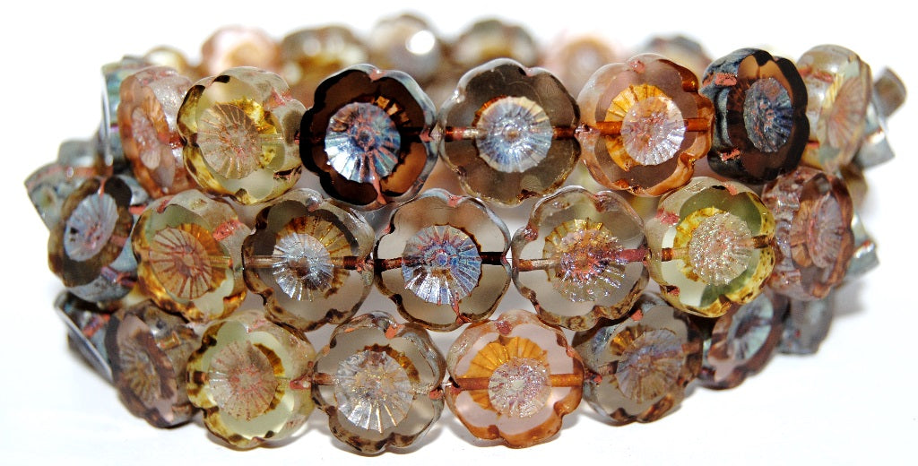 Table Cut Round Beads Hawaii Flowers, Brown Mixed Colors 2 43400 (Brown Mix 2 43400), Glass, Czech Republic