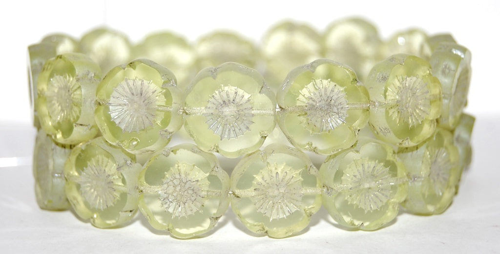 Table Cut Round Beads Hawaii Flowers, Transparent Yellow Luster Cream (80130 14401), Glass, Czech Republic