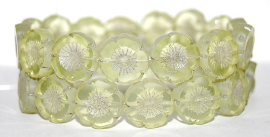 Table Cut Round Beads Hawaii Flowers, Transparent Yellow Luster Cream (80130 14401), Glass, Czech Republic