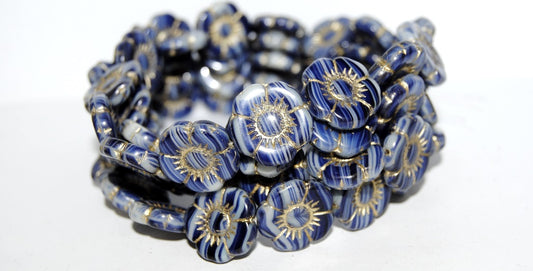 Round Flat Flower Pressed Glass Beads, (35020 54202), Glass, Czech Republic