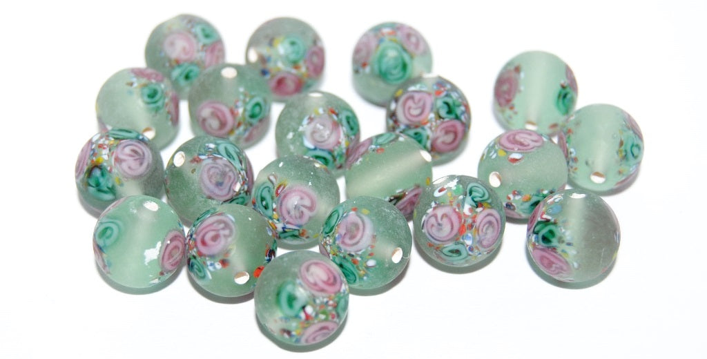 Czech Glass Hand Made Round Lampwork Beads With Flower, (10 H), Glass, Czech Republic