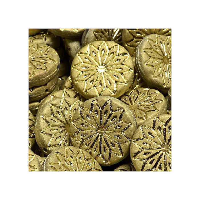 Pressed Czech glass beads origami flower round big with ornament Gold Glass Czech Republic