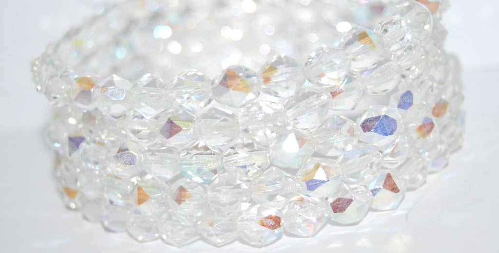 Cut Fire Polished Faceted Round Glass Beads, Crystal Ab (30 Ab), Glass, Czech Republic