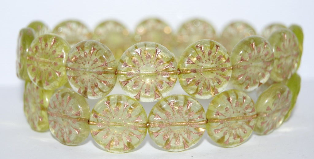 Flat Round With Flower Pressed Glass Beads, Transparent Yellow 54200 (80120 54200), Glass, Czech Republic