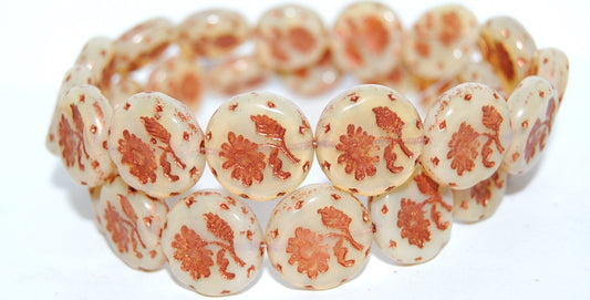 Round Flat With Flower Marguerite Pressed Glass Beads, (11000B 55307), Glass, Czech Republic