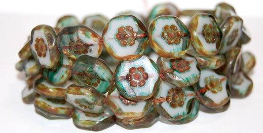 Table Cut Round Beads With Flower, 55014 Travertin (55014 86800), Glass, Czech Republic