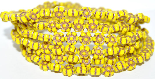 Hawaii Flower Pressed Glass Beads, Yellow 43810 Metalic (83120 43810 Metalic), Glass, Czech Republic