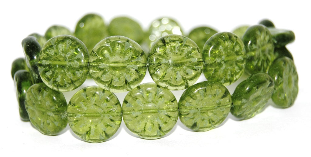 Flat Round With Flower Pressed Glass Beads, Transparent Green 55202 (50110 55202), Glass, Czech Republic