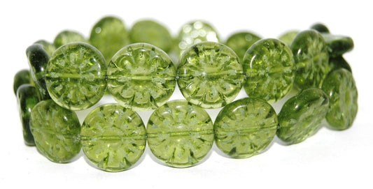 Flat Round With Flower Pressed Glass Beads, Transparent Green 55202 (50110 55202), Glass, Czech Republic