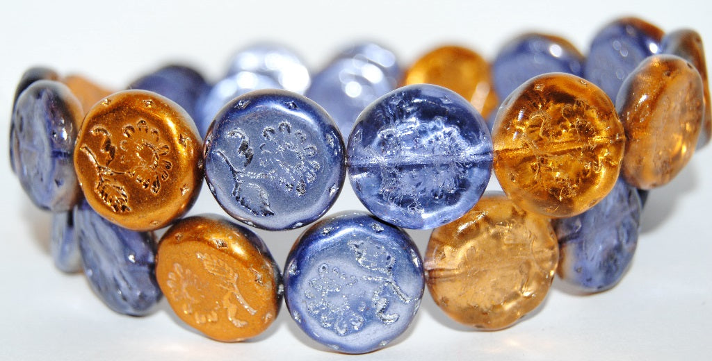 Round Flat With Flower Marguerite Pressed Glass Beads, 48207 (48207), Glass, Czech Republic