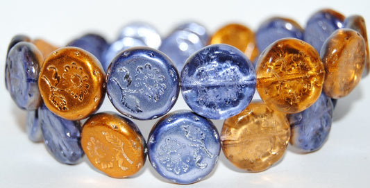 Round Flat With Flower Marguerite Pressed Glass Beads, 48207 (48207), Glass, Czech Republic