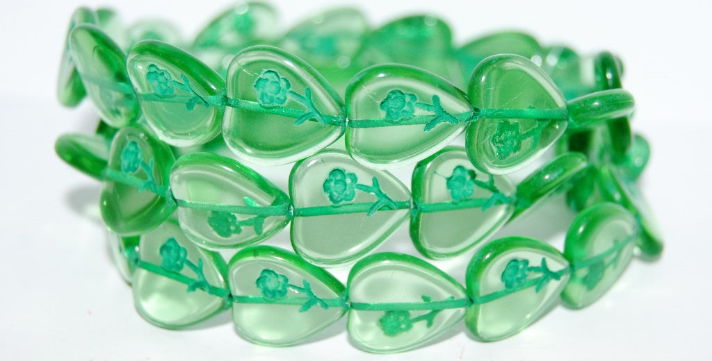 Heart Pressed Glass Beads With Flower, Transparent Green 46450 (50110 46450), Glass, Czech Republic