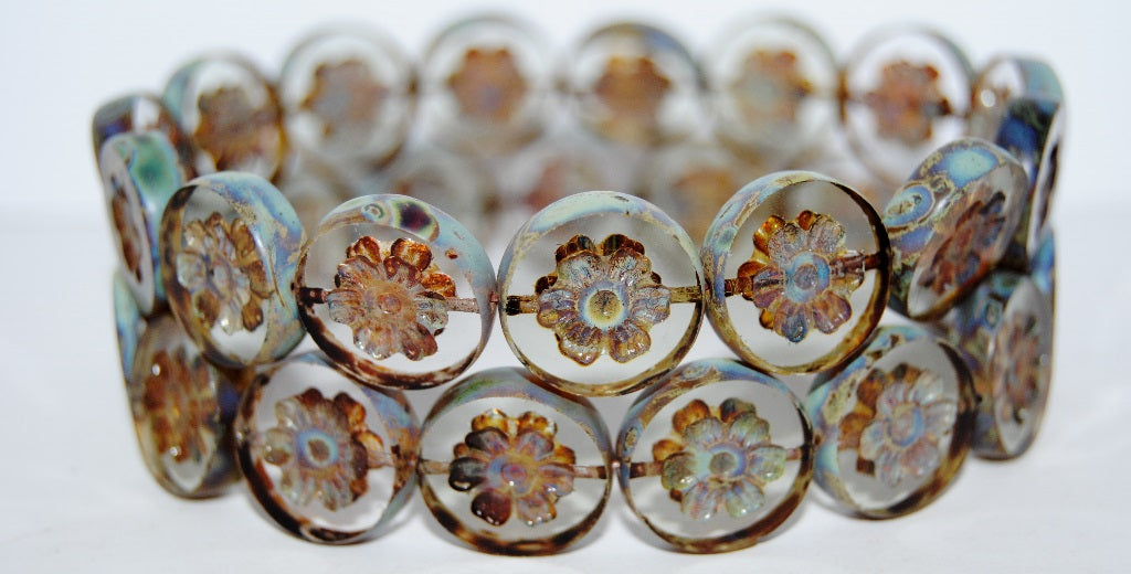 Table Cut Round Beads With Flower, Gray 66800 (40010 66800), Glass, Czech Republic