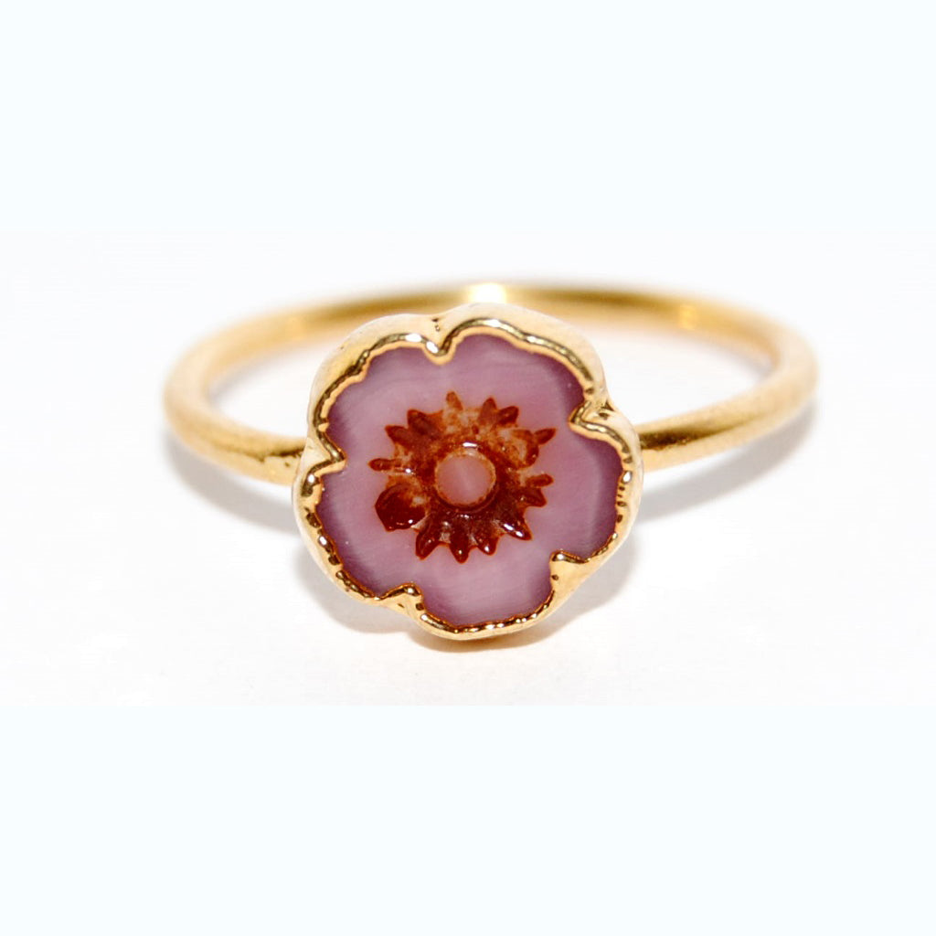 Adjustable Ring with Polished Czech Glass Bead, Flower 10 mm (G-12-A)