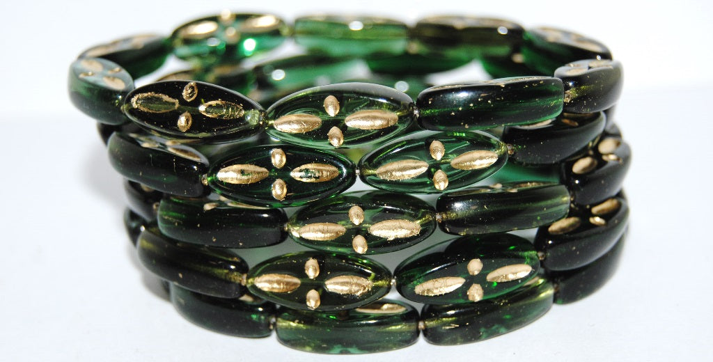 Boat Oval Pressed Glass Beads With Decor, Mixed Colors Green 54202 (Mix Green 54202), Glass, Czech Republic